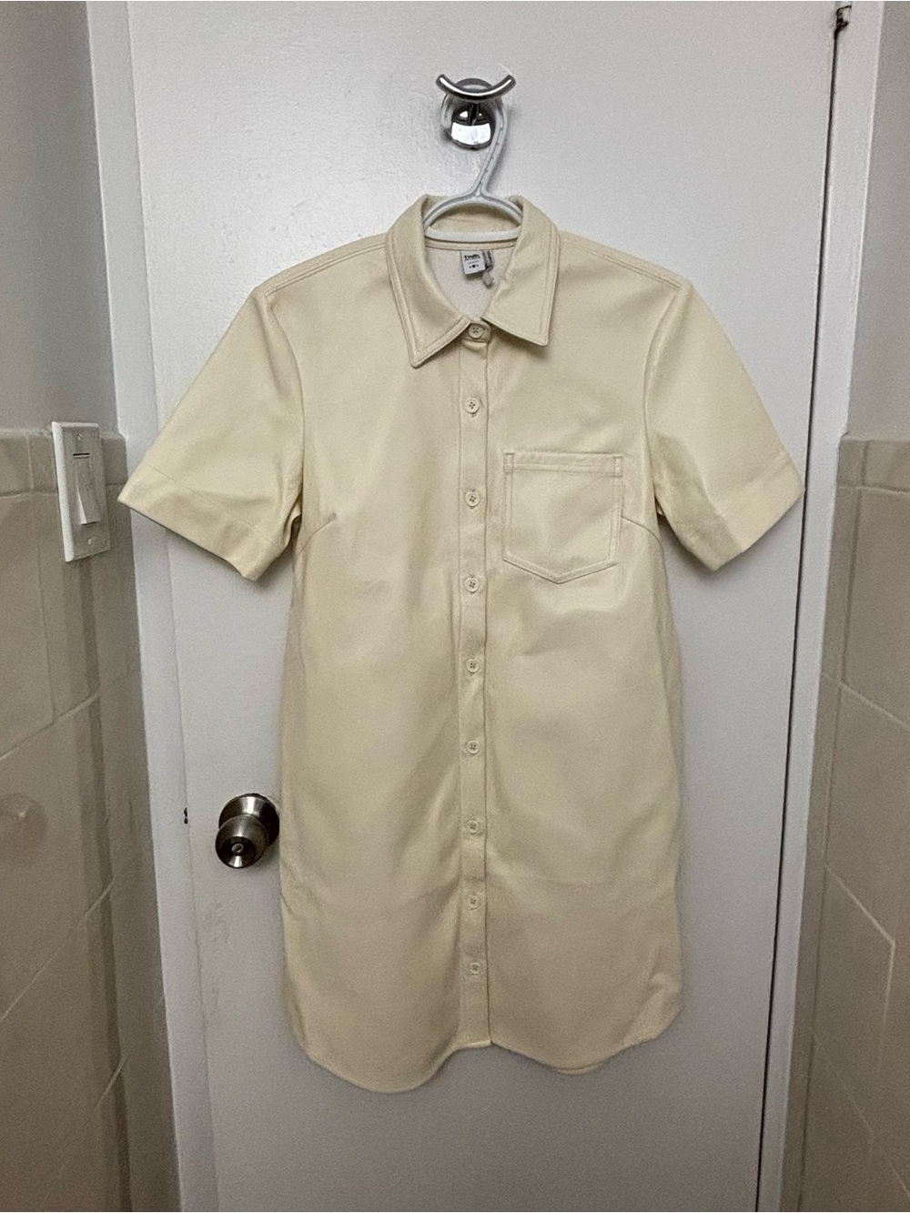 Twik Cream Button-Up Faux Leather Shirt Dress Womens Size Small S
